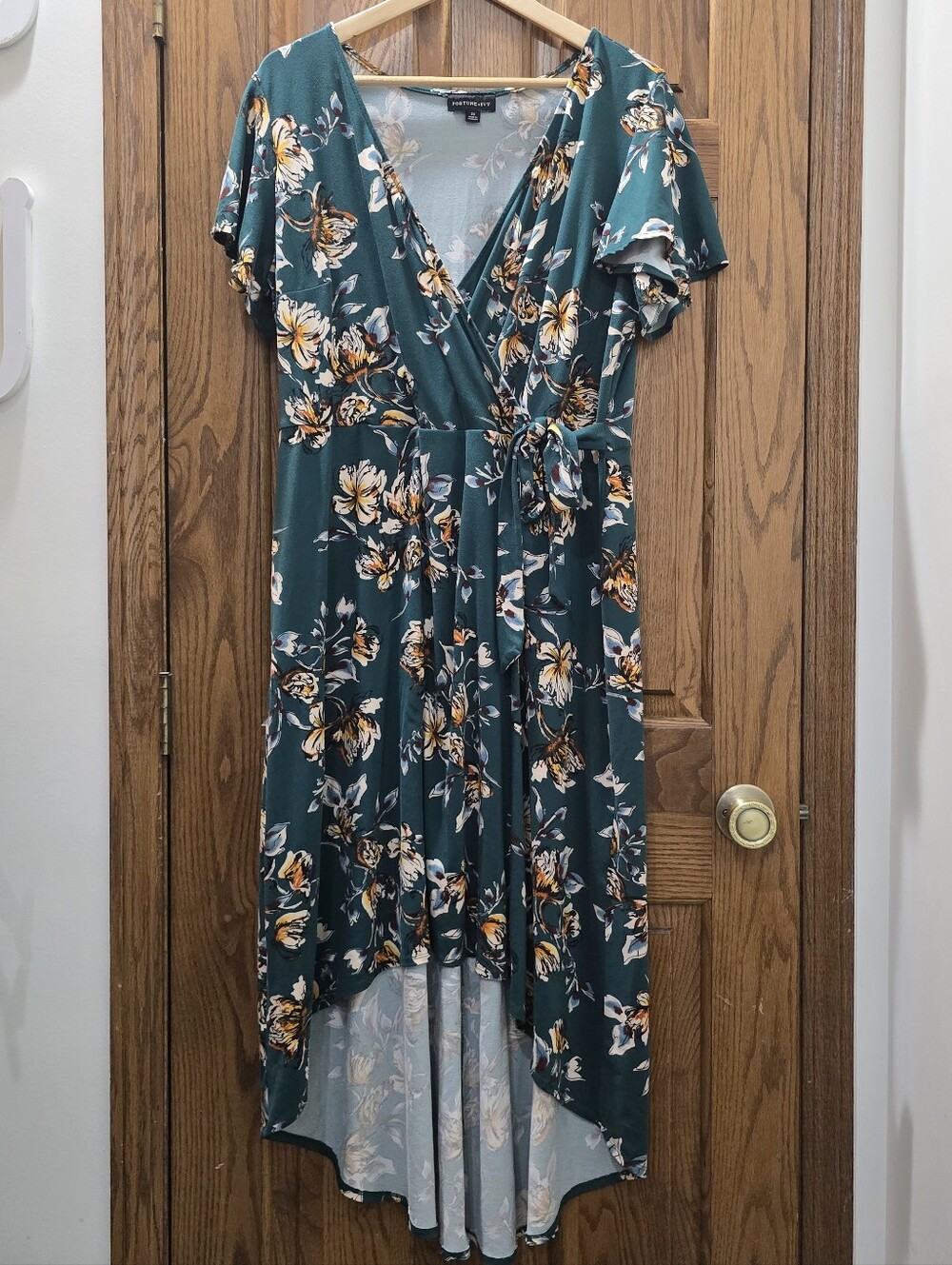 Fortune + Ivy 2X Teal Floral Faux Wrap High Low Maxi Dress